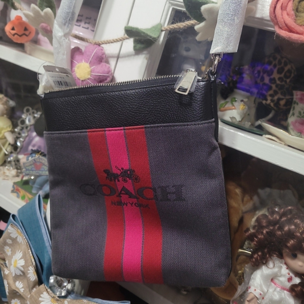 Coach Gray and Red Messenger Bag with Sporty Stripes